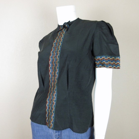 VTG 50's Short Sleeve Black Embroidered Blouse S